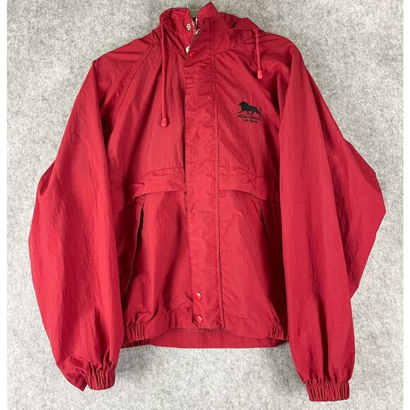 Vintage MGM Grand Windbreaker Jacket Adult Medium Red Stow Away Hood Vegas - Picture 1 of 16